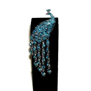Blue Crystal Peacock Brooch Pin With Dangling Gem Accents For Women